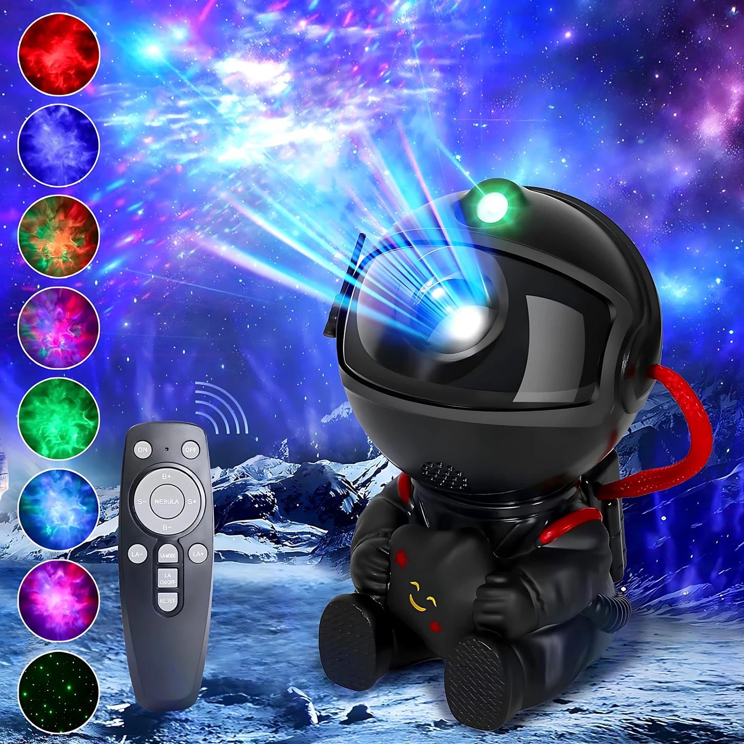 Black astronaut galaxy projector with remote control showing multiple colorful nebula lighting modes against cosmic background