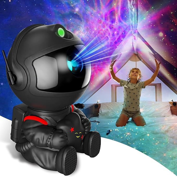 Black robot toy with green light in front of a child in a bedroom with colorful lights.