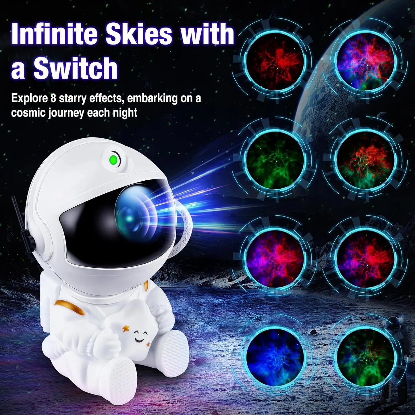 Galaxy projector showing 8 lighting modes with cosmic effects and nebula star projections