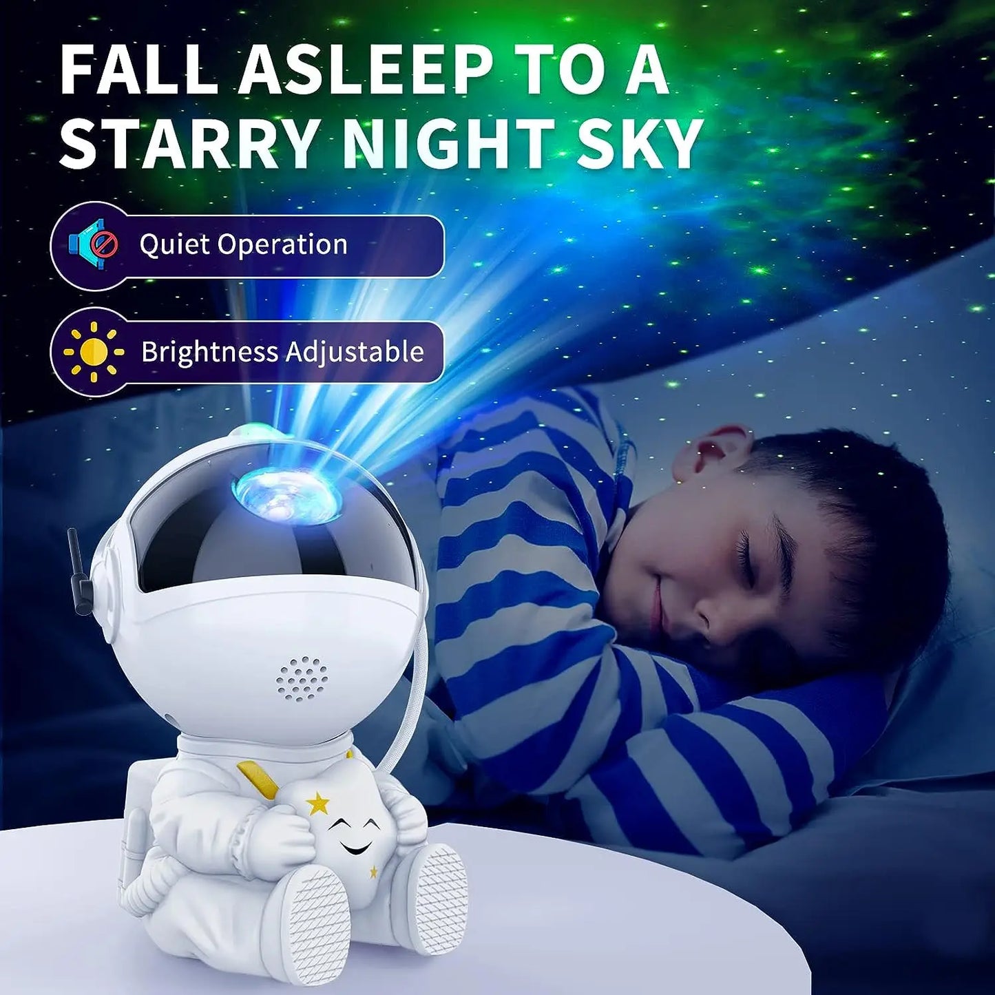 Astronaut galaxy projector creating starry night sky for children to sleep peacefully, with quiet operation and adjustable brightness