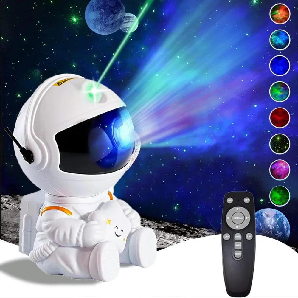 Astronaut galaxy projector projecting colorful nebula lights with multiple lighting modes displayed