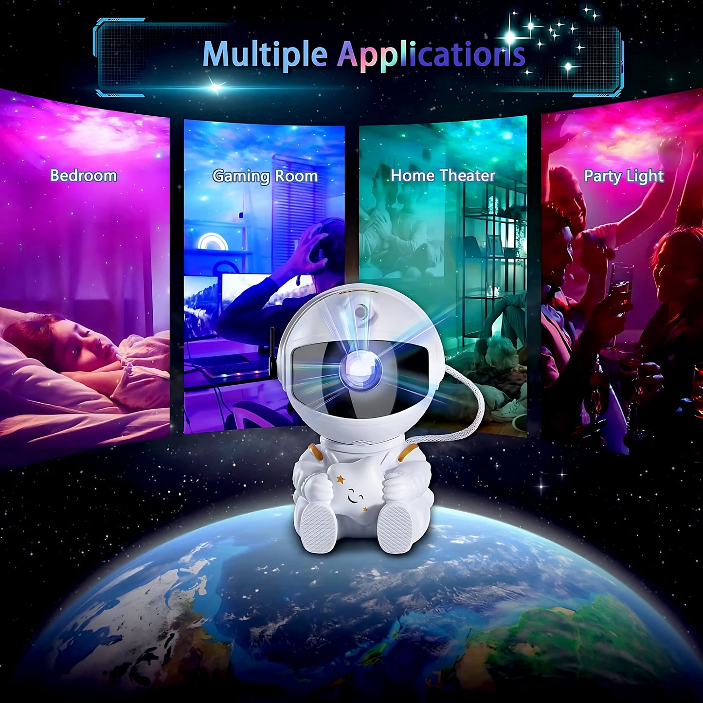 Astronaut galaxy projector suitable for bedroom, gaming room, home theater, and party lighting with starry night projections