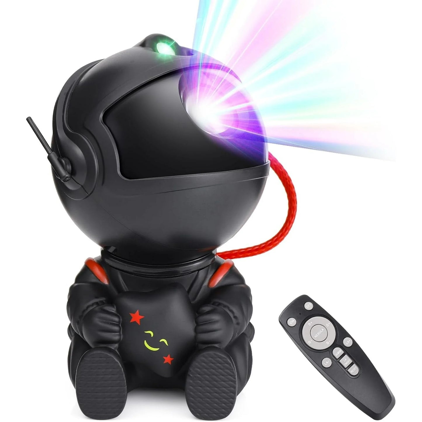 Black astronaut galaxy projector with remote control featuring colorful laser star light projection