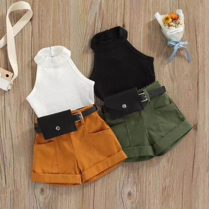 Baby Suit Infant Child Girl Halter Sunken Stripe Vest Top Shorts Waist Bag Little Girl Three-piece Suit