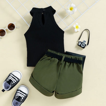 Baby Suit Infant Child Girl Halter Sunken Stripe Vest Top Shorts Waist Bag Little Girl Three-piece Suit