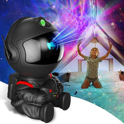 Black robot toy with green light in front of a child in a bedroom with colorful lights.