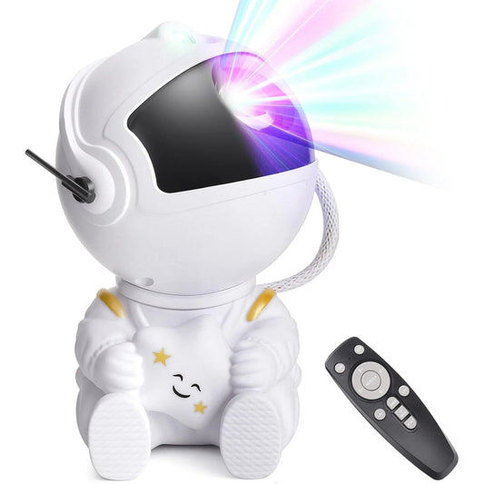 White astronaut galaxy projector with remote control showcasing colorful starry light projection